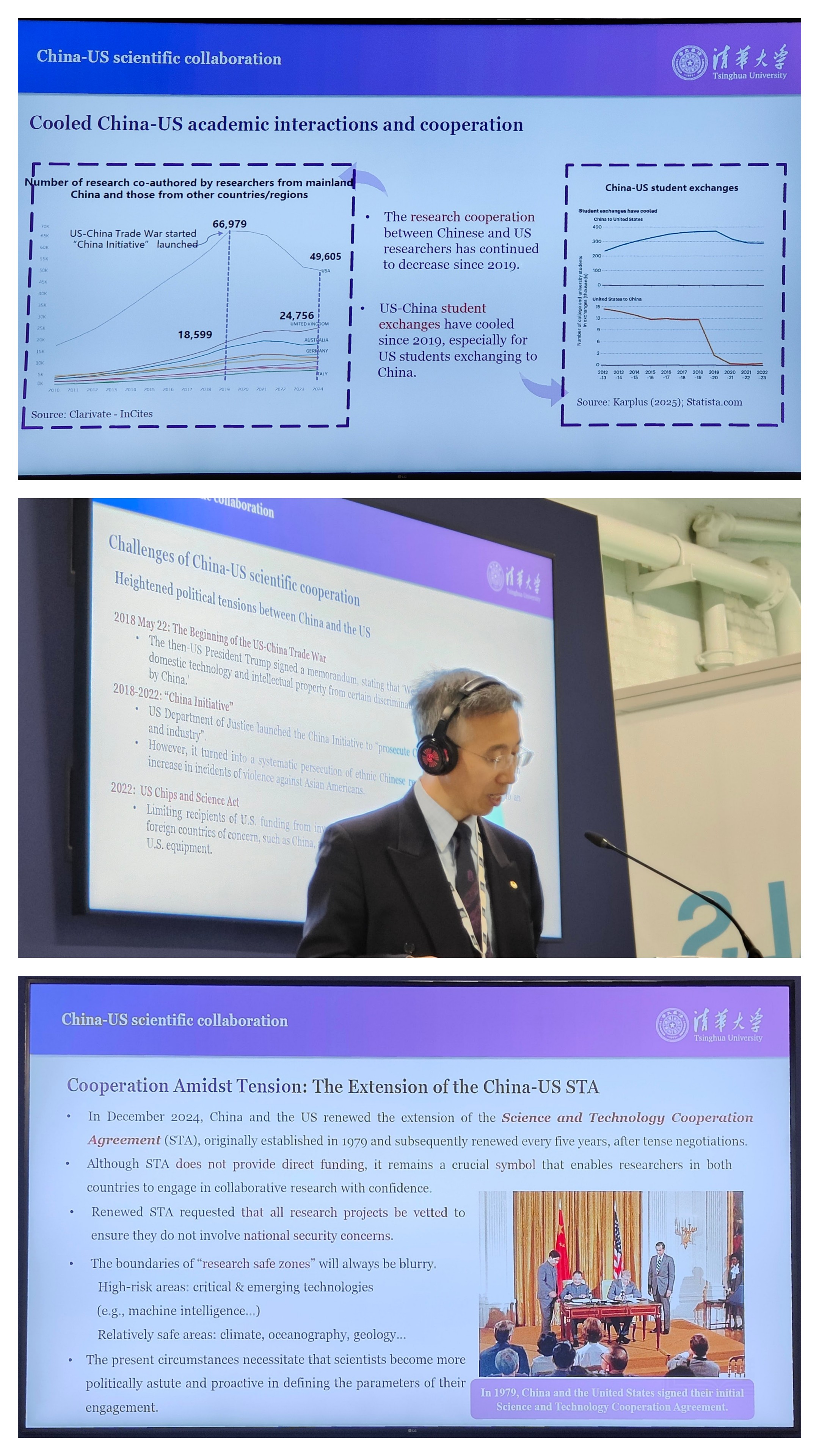 Presentation slide discussing cooled China-US academic interactions and cooperation, including graphs depicting trends in research collaboration and student exchanges.