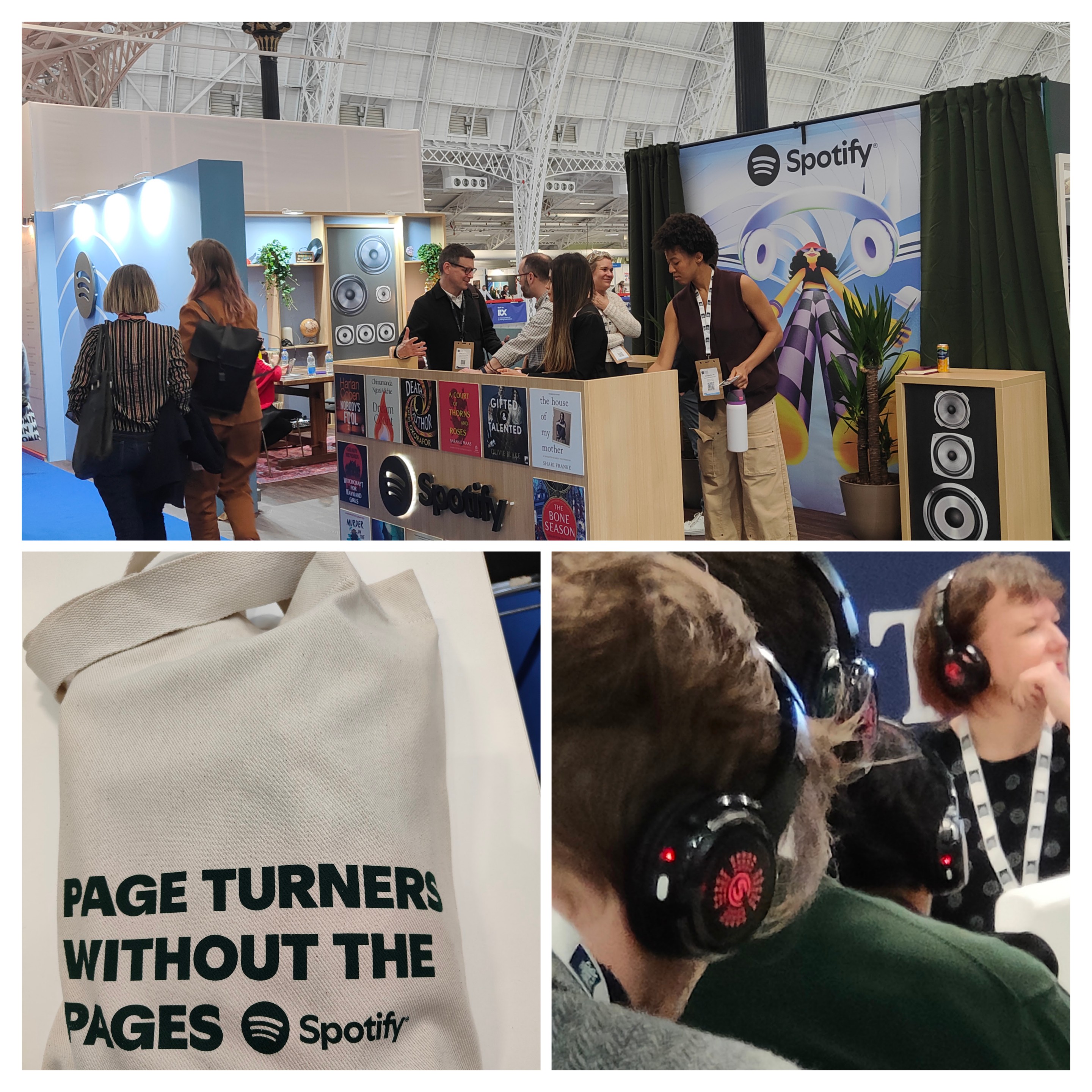A booth for Spotify at the London Book Fair, featuring speakers and promotional materials, with attendees engaging around a display.