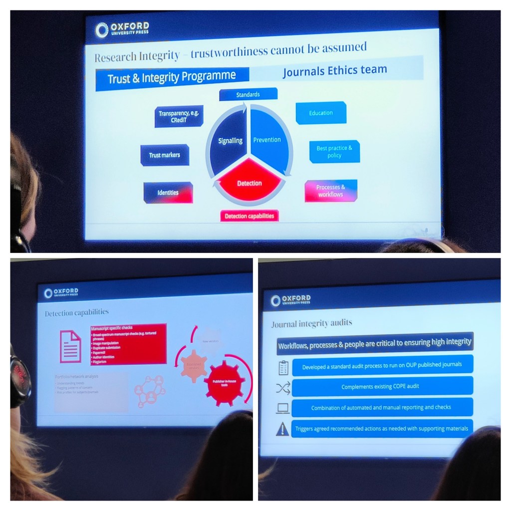 Presentation slide on research integrity from Oxford University Press, highlighting the Trust & Integrity Programme and its components including detection capabilities, standards, education, and journal ethics.